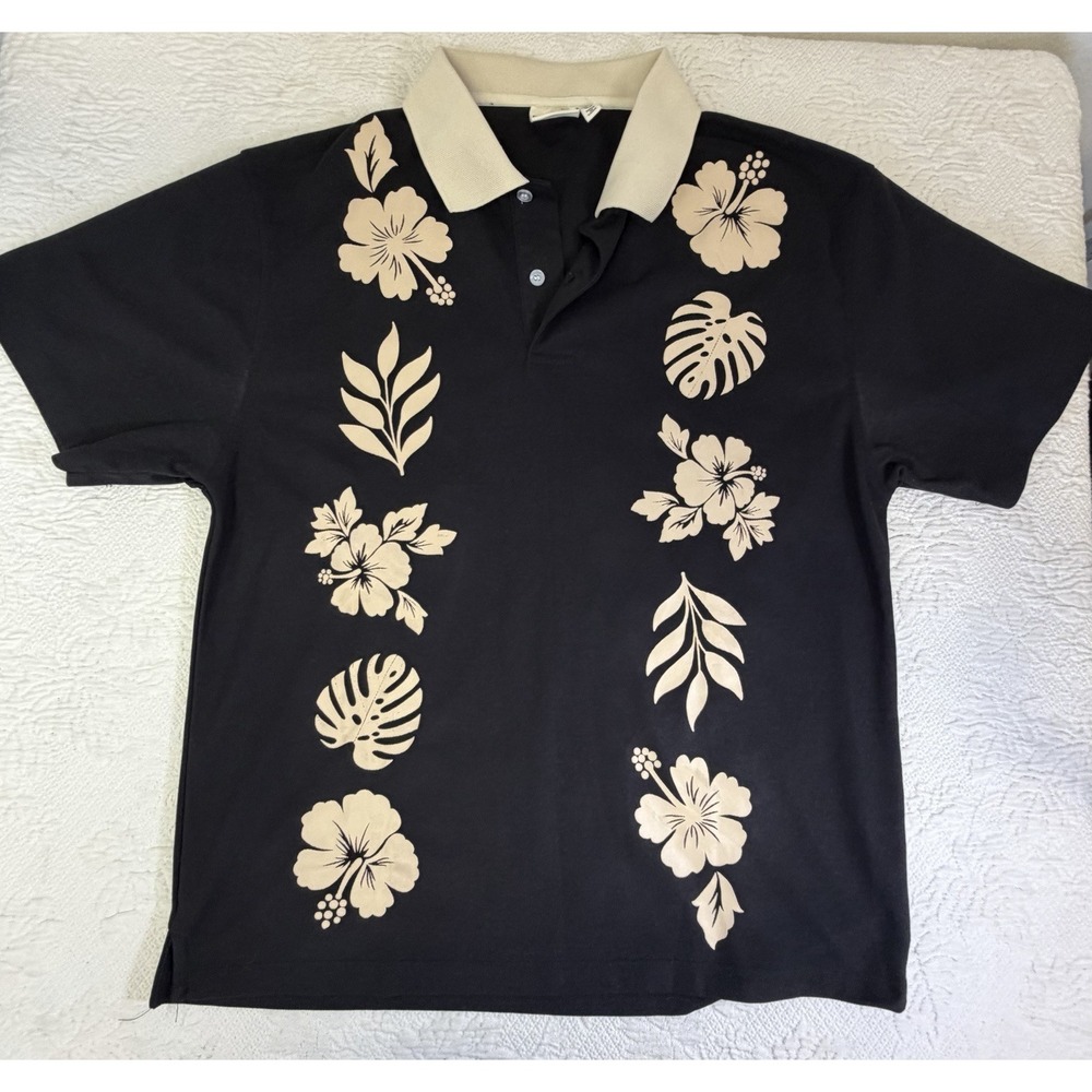 Devereux Golf Polo Shirt Men's M Black Hawaiian Hibiscus Palm Floral Performance